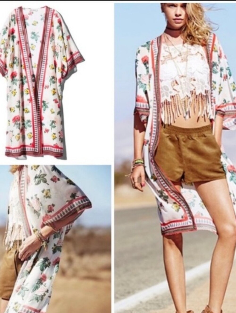 H&M Coachella Floral Sheer Kimono Duster with Coral Trim Size M